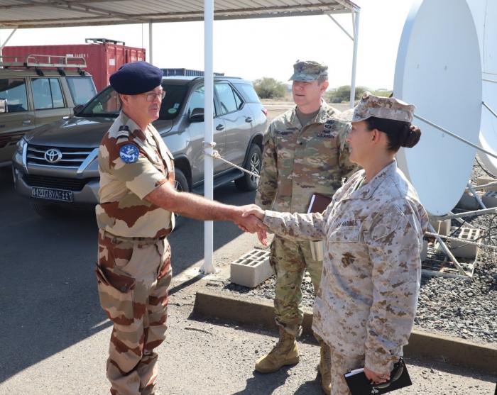 CJTF-HoA Deputy Commander General BGen Valerie Jackson greeting the Officer in charge of the SEA, Cdr Dominique Giry 