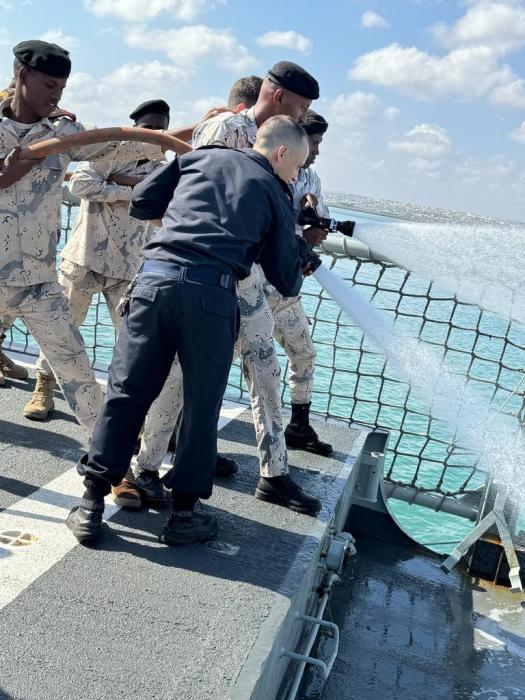 Djiboutian Coast Guard members and ESPS VICTORIA crew conducting the drill