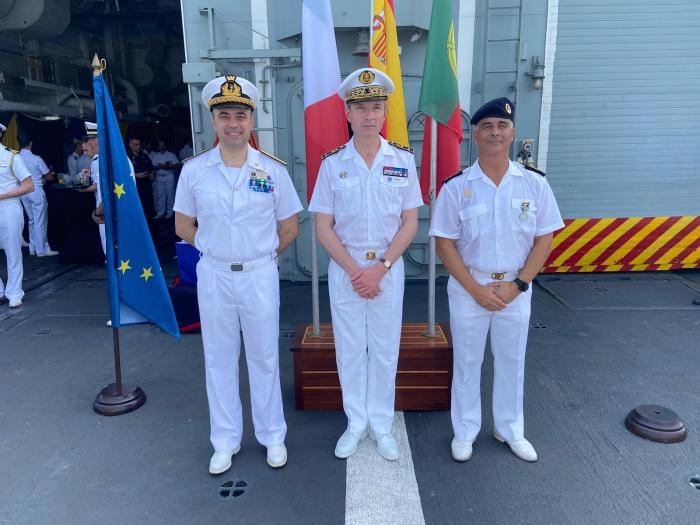 EUNAVFOR ATALANTA Deputy Commander together with the current and former Force Commander during the handover ceremony.