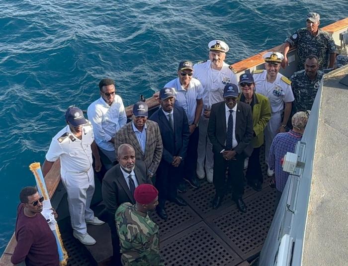 Somali Prime Minister and Somali delegation, along with EU Delegation Ambassador and Force Commander, on board EUNAVFOR Flagship MARTINENGO