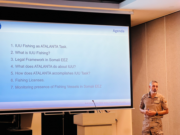 EUNAVFOR ATALANTA representative during his presentation in the IUU Fishing workshop