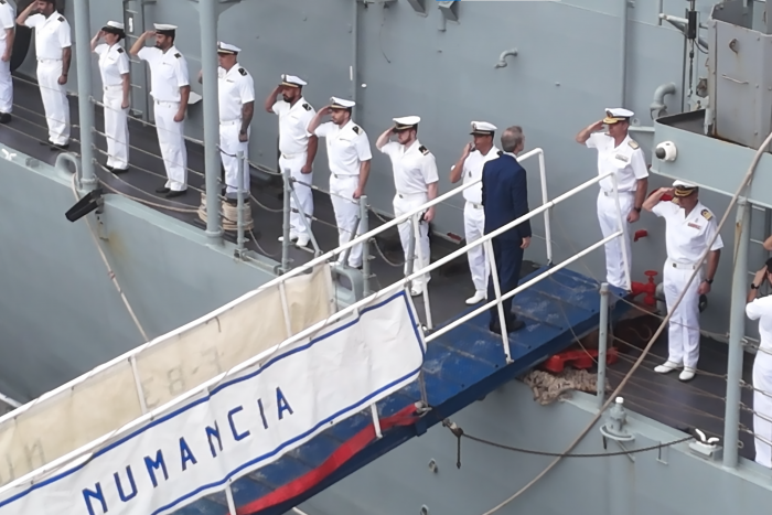 Spanish Ambassador to Oman being received by Force Commander during his visit to the EUNAVFOR Flagship NUMANCIA in Salalah