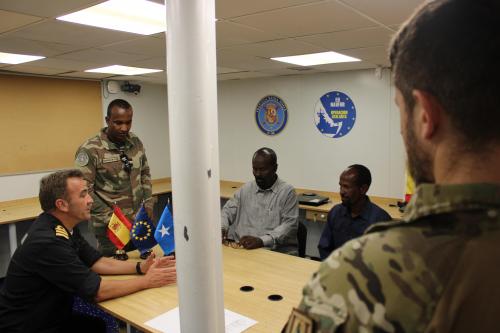 Local leaders from Hafun area, Somalia, and EUNAVFOR ATALANTA asset ESPS REINA SOFIA’s Commanding Officer during the meeting Local leaders from Hafun area, Somalia, and EUNAVFOR ATALANTA asset ESPS REINA SOFIA’s Commanding Officer during the meeting