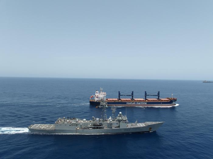 EUNAVFOR ATALANTA asset ESPS REINA SOFIA escorting a WFP vessels transiting the Gulf of Aden