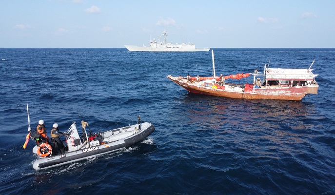 Yemeni-flagged dhow towed by EUNAVFOR flagship