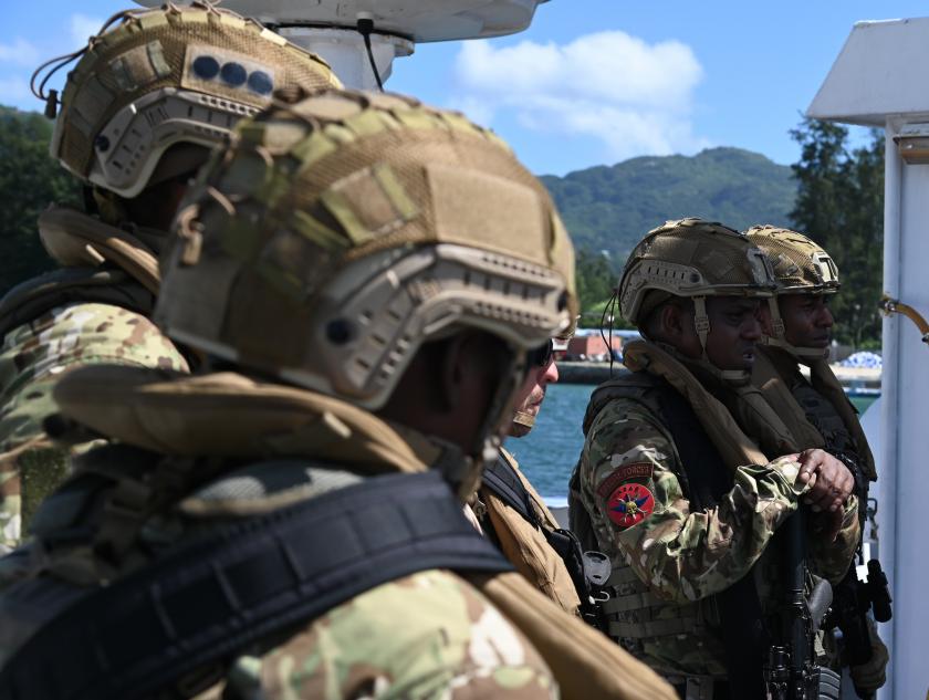 TAZAR elite forces and ATALANTA personnel conducting an exercise on board the Seychelles Coast Guard patrol vessel ANDROMACHE