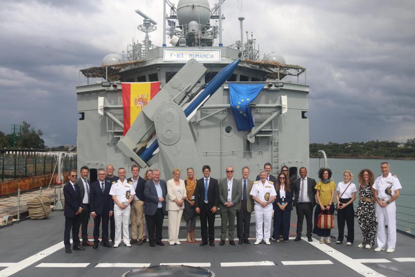 Member of the European Union delegation in Kenya, Heads of Mission accredited to Kenya, representatives from the European Commission (DG MARE) and the European Fisheries Control Agency (EFCA) at the desk of the ATALANTA flagship ESPS NUMANCIA