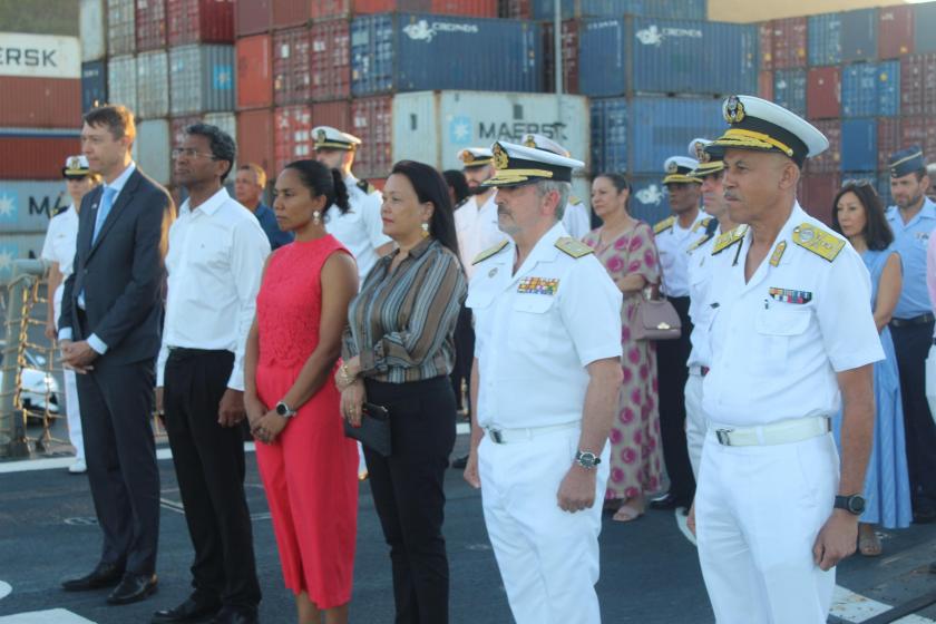 From left to right: EU Ambassador to Seychelles, Mr. Oskar Benedikt; Seychelles Minister of Foreign Affairs and Diaspora, Mr Barry Faure; Seychelles Minister for Youth and Sports, Ms. Kalsey Belle; Seychelles Minister of Transport, Ports and Civil Aviation, Ms. Veronique Laporte; ATALANTA Force Commander, Rear Admiral Francisco Javier Vazquez Sanz and the Chief of the Seychelles Defence Forces, Major General Michael Rosette