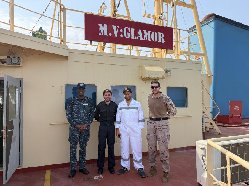 Operation ATALANTA and Djiboutian Navy personnel along with MV GLAMOR master