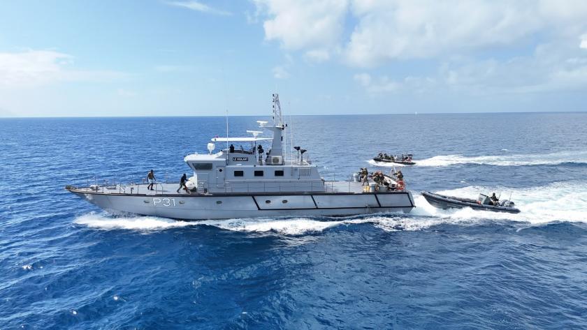 Seychelles Coast Guard vessel Le Vigilant followed by Operation ATALANTA RHIBs during the ALDABRA V counter-piracy exercise
